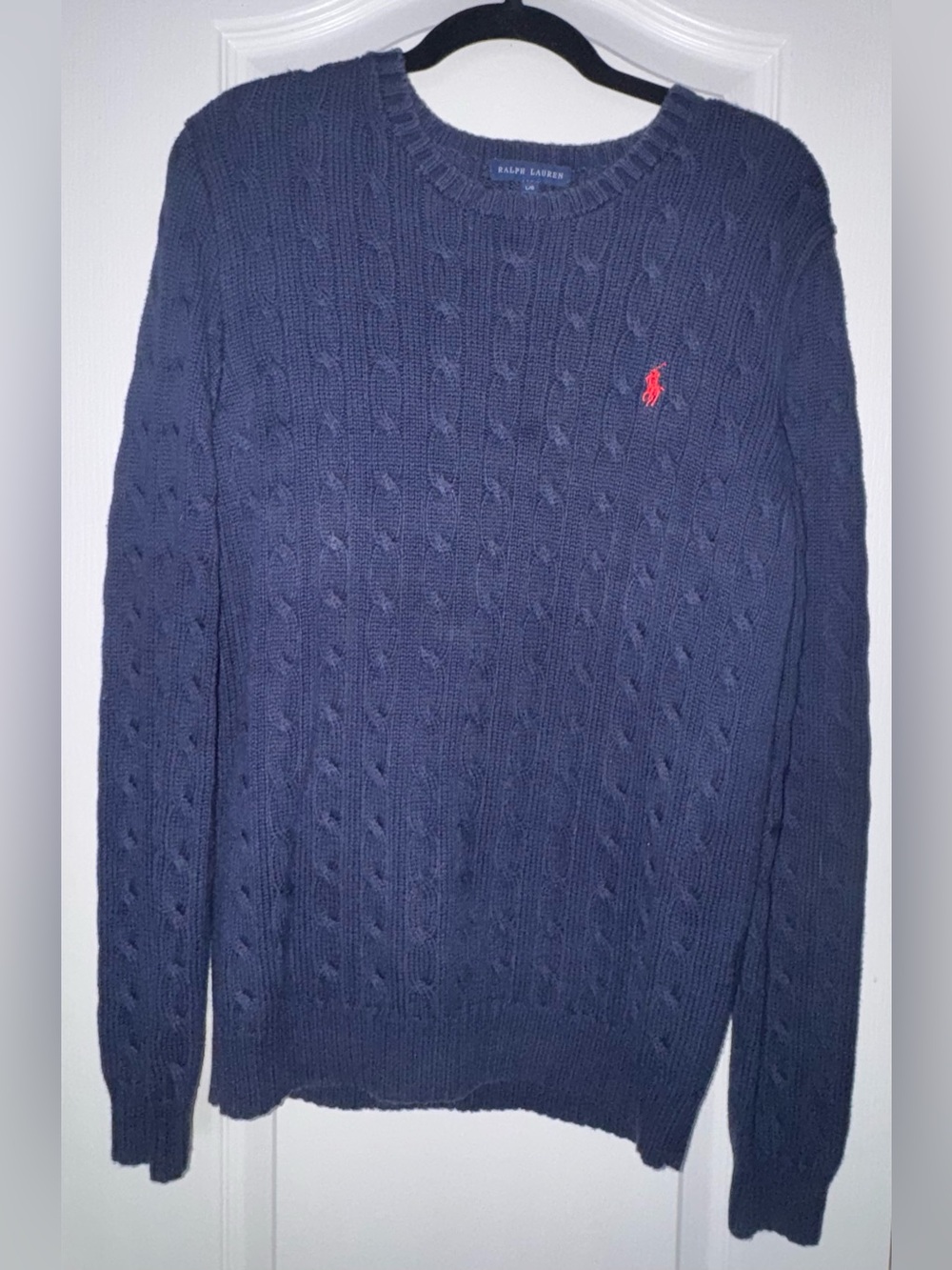 Ralph Lauren Navy Cable-Knit Crewneck Sweater with Red Pony Logo